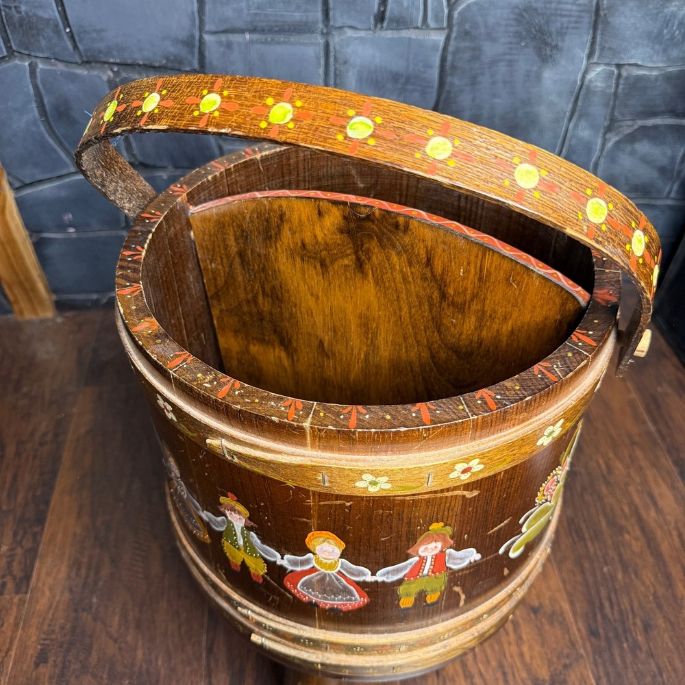 Vintage Hand Painted Folk Art Wooden Sewing Bucket Tripod Stool Signed Reni - Picture 4 of 9